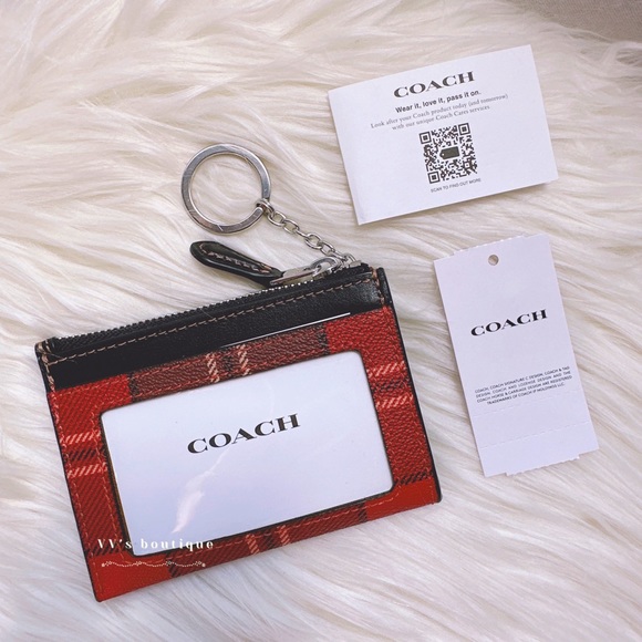 NWT Coach Mini Skinny Id Case With Tartan Plaid Print Red Black Multi CC808 - Picture 2 of 5